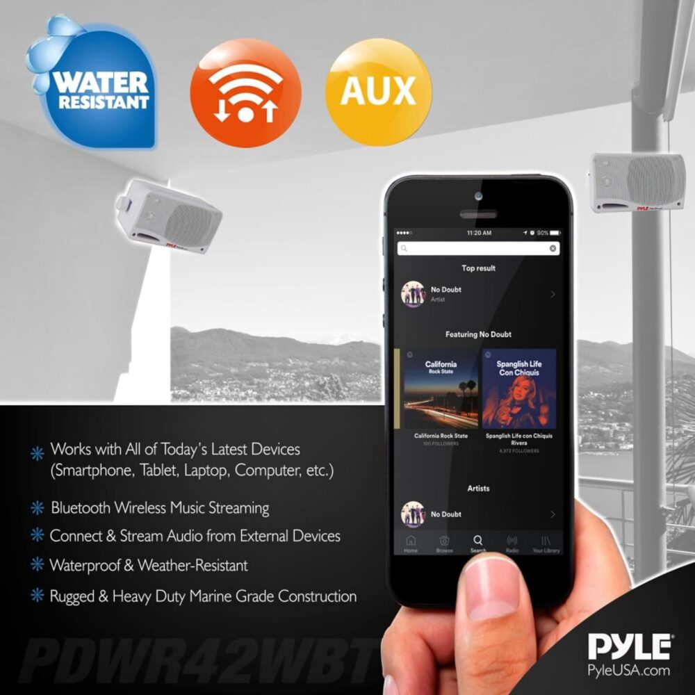 Pyle Outdoor Waterproof Wireless Bluetooth Speaker - 3.5 Inch Pair 3-way Active Passive Weatherproof Wall, Ceiling Mount Dual Speakers System w/ Heavy Duty Grill, Patio, Indoor Use -PDWR42WBT (White) - Image 7