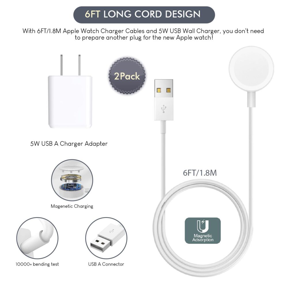 For Apple Watch Charger, 2 Pack Extra Long 6.6FT Fast iWatch Charger Portable Charging Cable Cords with USB A Wall Charger Block Plug Compatible with Apple Watch Series 10/9/Ultra 2/8/7/6/5/4/3/2/SE/1 - Image 5