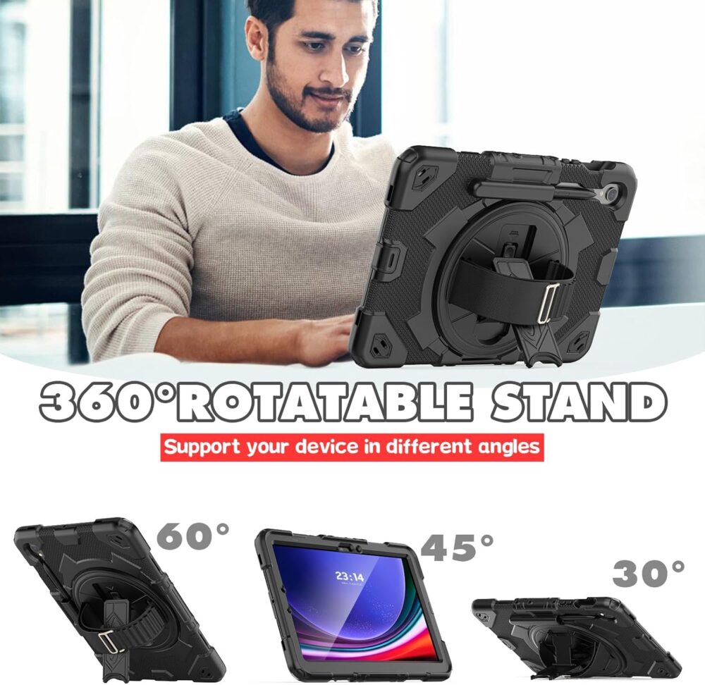 SEYMAC Case for Samsung Galaxy Tab S10 FE/ S9 FE 5G 10.9"/ S9 5G 11", Shockproof Heavy Duty Protective Case with Screen Protector, Rotating Stand, Hand/Shoulder Strap and Pen Holder, Black - Image 5