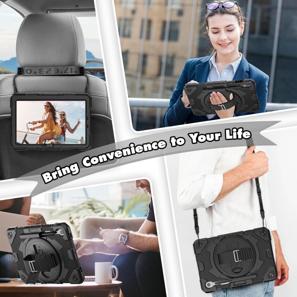 SEYMAC Case for Samsung Galaxy Tab S10 FE/ S9 FE 5G 10.9"/ S9 5G 11", Shockproof Heavy Duty Protective Case with Screen Protector, Rotating Stand, Hand/Shoulder Strap and Pen Holder, Black - Image 6