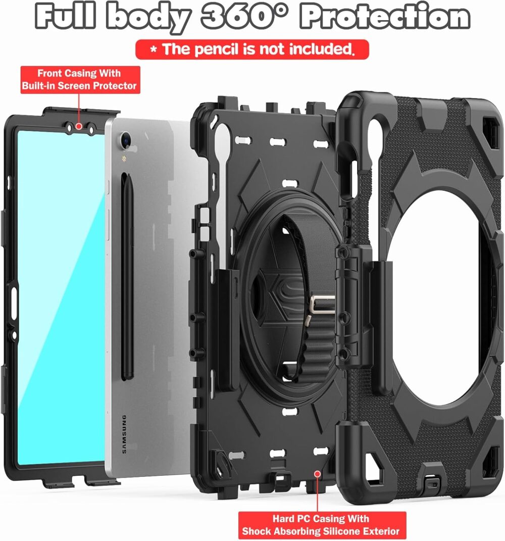 SEYMAC Case for Samsung Galaxy Tab S10 FE/ S9 FE 5G 10.9"/ S9 5G 11", Shockproof Heavy Duty Protective Case with Screen Protector, Rotating Stand, Hand/Shoulder Strap and Pen Holder, Black - Image 7