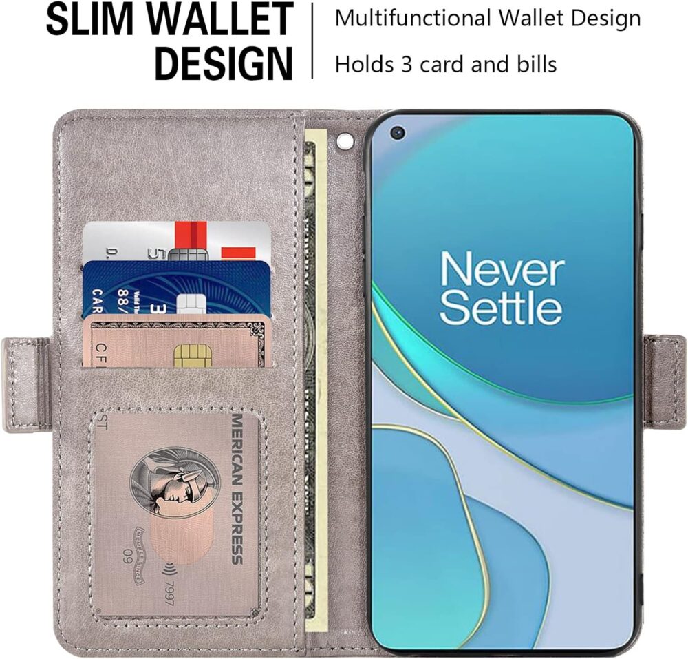 Compatible with OnePlus 8T OnePlus8T Plus 9R 5G Wallet Case Tempered Glass Screen Protector Card Holder Stand Phone Cover for One Plus8T5G On + 1 Plus 8Tplus 1plus 8T+ One+ T8 1+ 1+8T Pro G5 Grey - Image 4