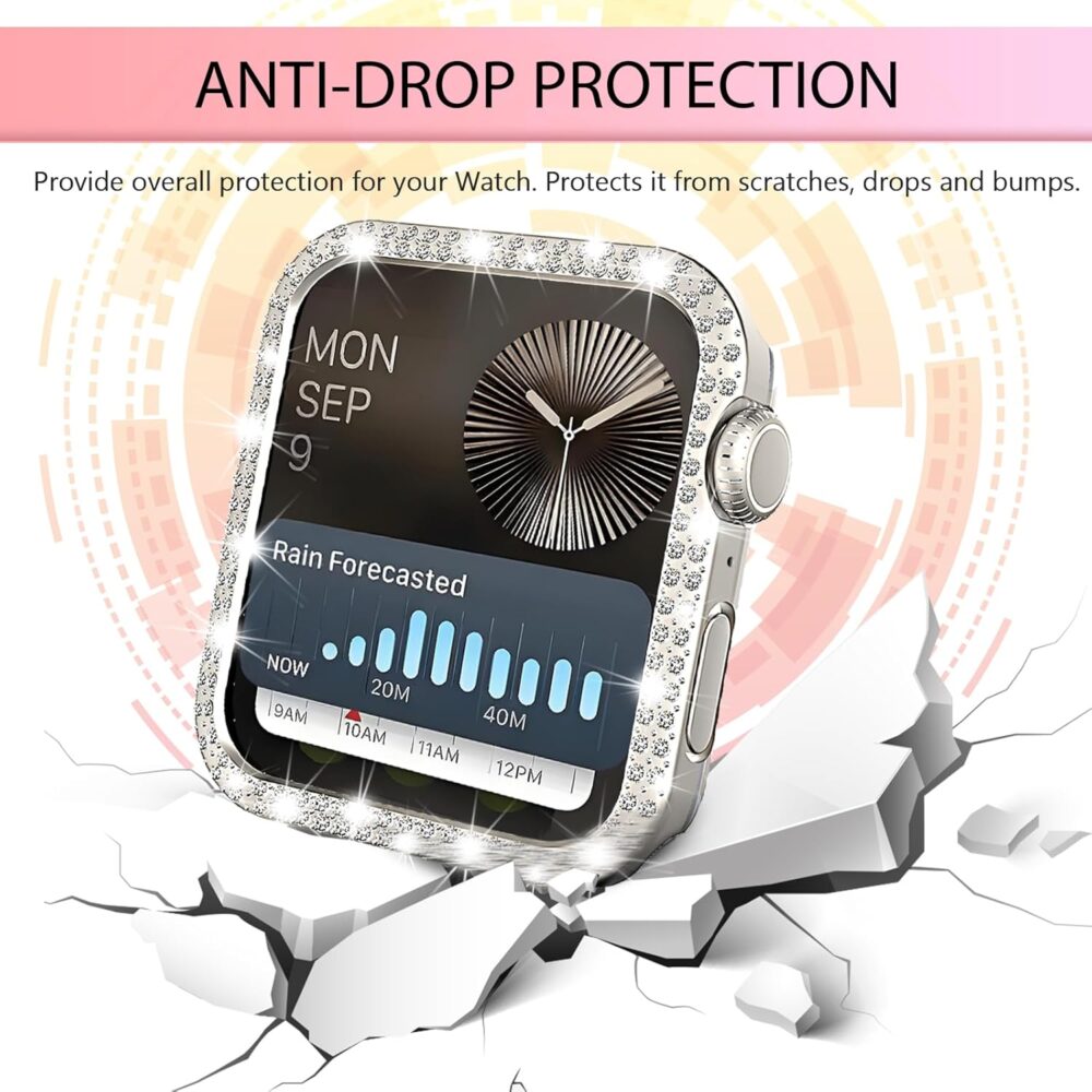 2 Packs for Apple Watch Screen Protector Case Series 10 42mm, HD Tempered Glass, Hard PC Screen Protective Face Case, Ultra-Thin Cover for iWatch 10 Series,Bling Rhinestone (Starlight/Clear) - Image 6