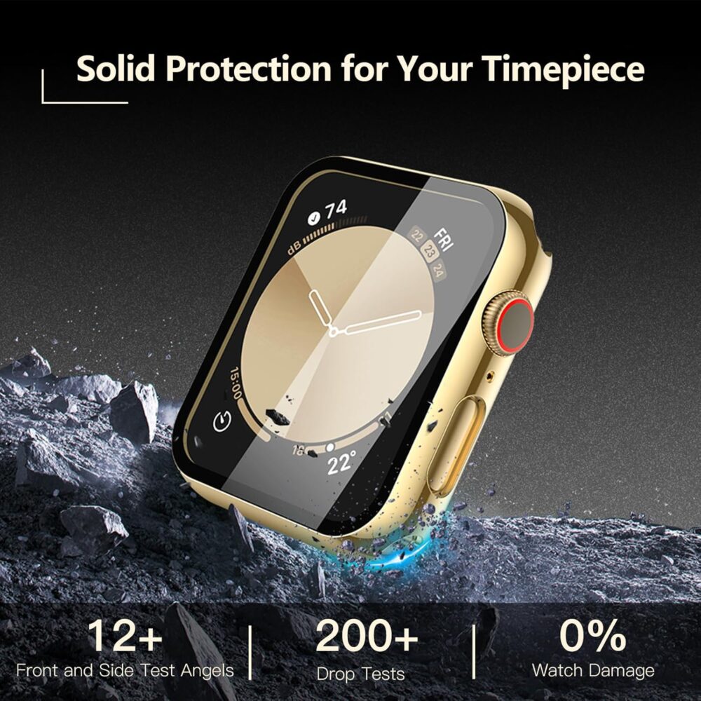 JULK [2 Pack] for 2024 New Apple Watch SE Case 44mm Built in HD Sensitive Tempered Glass Screen Protector, iWatch Protective Cover Compatible with Apple Watch Series SE/6/5/4 (1Gold + 1Transparent) - Image 3