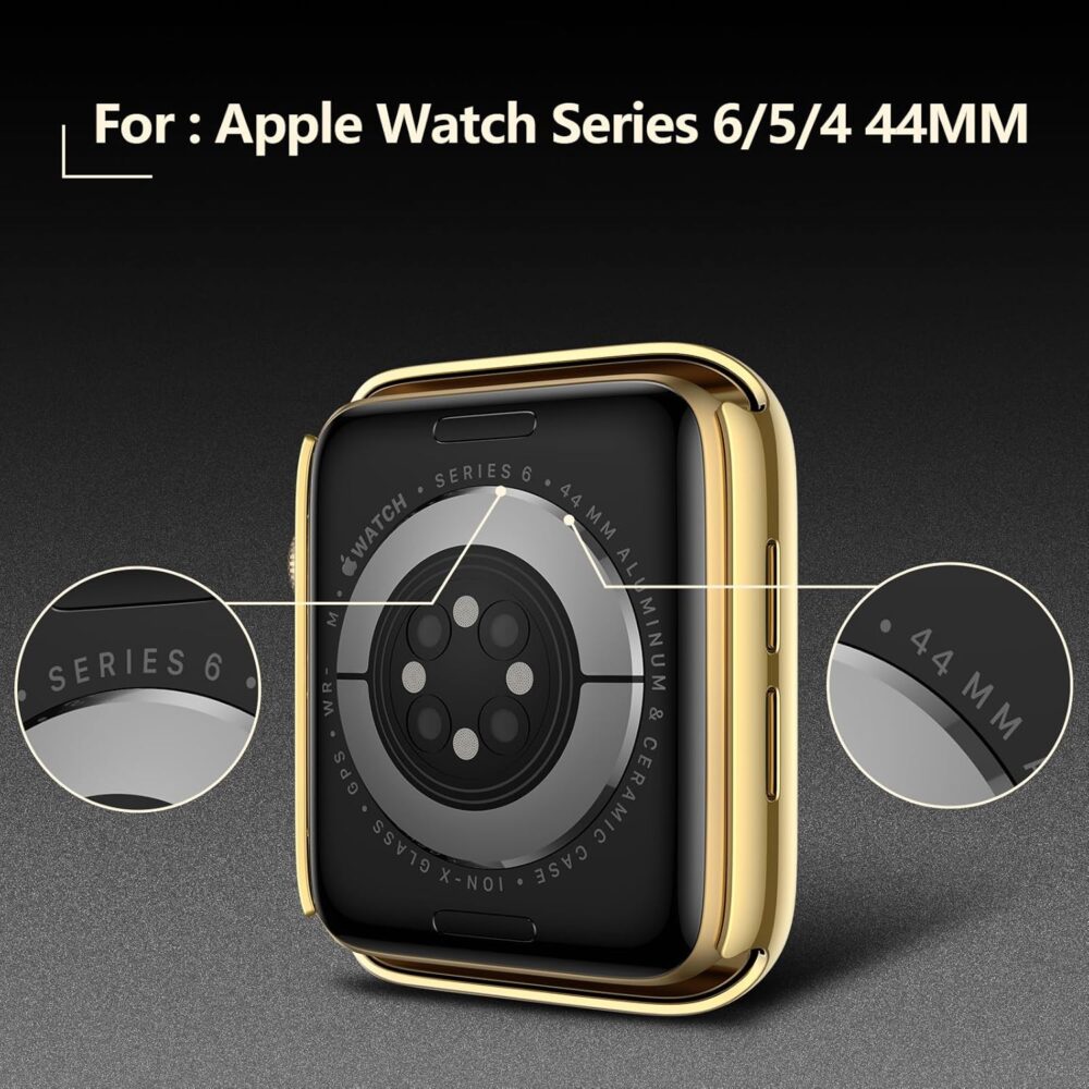 JULK [2 Pack] for 2024 New Apple Watch SE Case 44mm Built in HD Sensitive Tempered Glass Screen Protector, iWatch Protective Cover Compatible with Apple Watch Series SE/6/5/4 (1Gold + 1Transparent) - Image 4