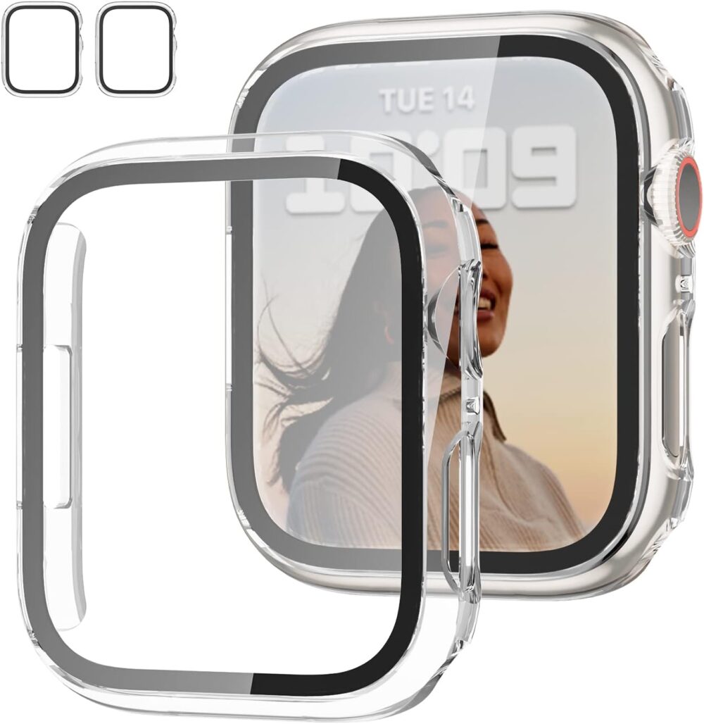 2 Pack Case with Tempered Glass Screen Protector for Apple Watch SE(2023) Series 6/5/4/SE 40mm,JZK Slim Guard Bumper Full Coverage Hard PC Protective Cover HD Ultra-Thin Cover for iWatch 40mm,Clear - Image 2