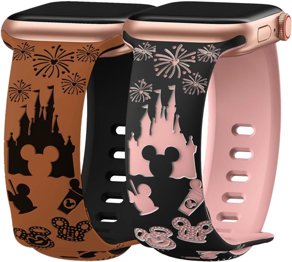2 Packs Cartoon Engraved Bands Compatible with Apple Watch Bands 40mm 38mm 44mm 45mm 41mm 42mm 49mm Women, Two-Tone Cute Soft Silicone Sport Strap for iWatch Series 9/8/SE/7/6/5/4/3/2/1 - Image 2