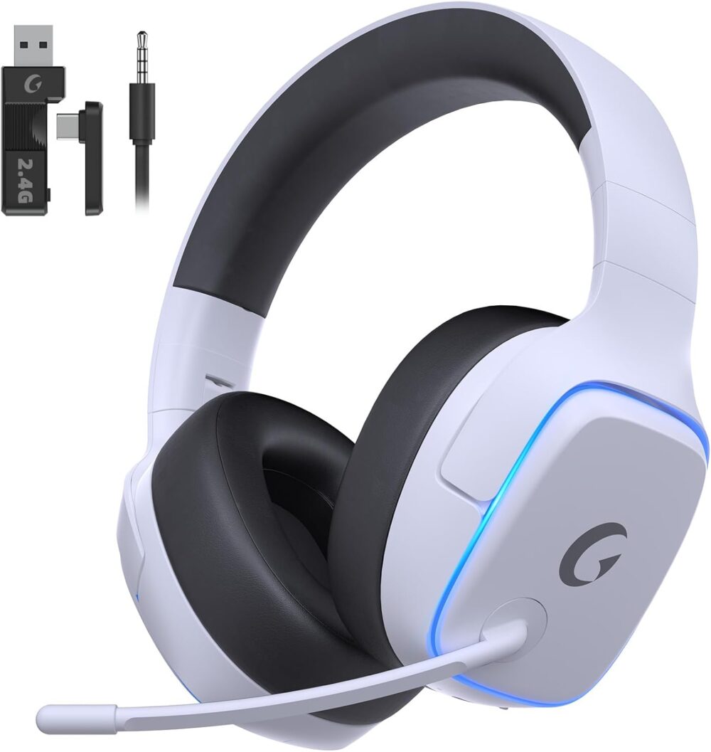 2.4GHz Wireless Gaming Headsets for PS5, PS4, PC, Switch - Bluetooth 5.3 Gaming Headphones with Noise Canceling Mic, 7.1 Surround Sound, 70H Battery, Gaming Lighting - White - Image 2