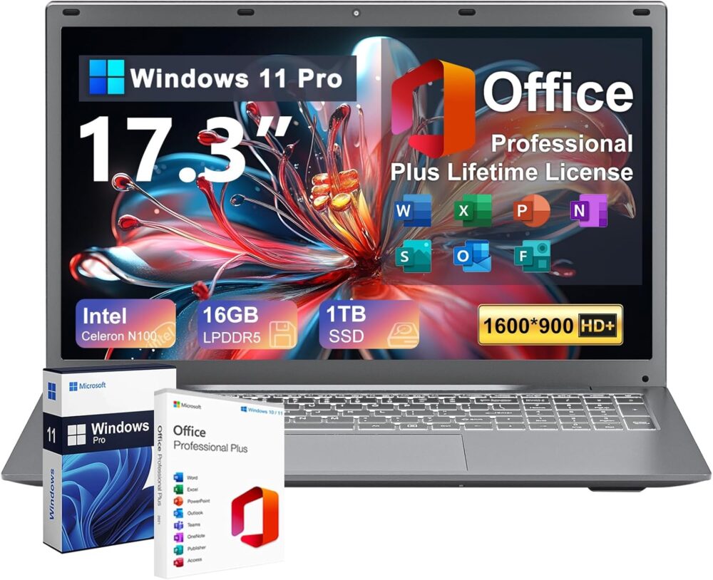 2025 Laptop 17 17.3 Inch HD+ for Students and Business, 16GB DDR5 RAM, 1TB SSD, Intel 4-Core N100(Beat to i3-1115G4, Up to 3.4GHz), Backlit Keyboard, Fingerprint, Type-C, MS Office, Windows 11 Pro - Image 2