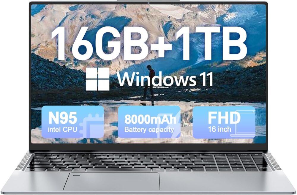 2025 Latest 16.1 inch Laptop Computer Windows 11, 16GB RAM 1T SSD, Intel 12th Gen N95 Processor(up to 3.4GHz), FHD 1080P Display Laptop with 8000mAh Battery, 2.4G+5G WiFi, BT5.0, HDMI & USB3.2 - Image 2