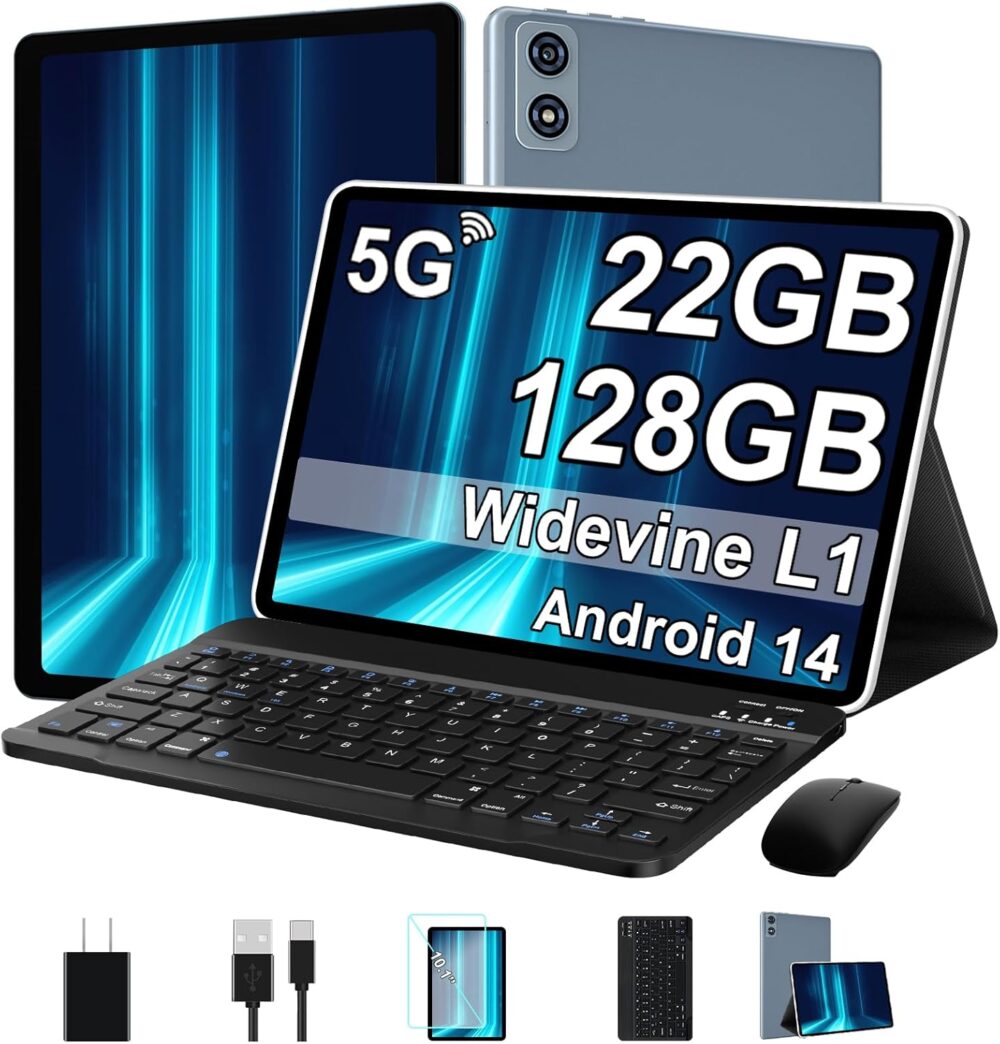 2025 Tablet 10 Inch Android 14 Tablets with Keyboard, 22GB RAM 128GB ROM, Widevine L1, Octa-Core, 8000mAh Battery, 5G Wifi, HD IPS Display, TF 1TB, GPS, Mouse, Case, Split Screen, Metal Body -Grey - Image 2