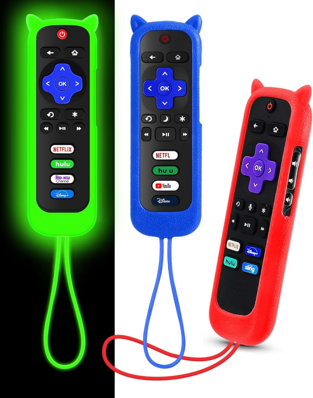 3Pcs Cover for Roku Remote with Cat Ears Design, Silicone Skin Case Compatible with Hisense/TCL Roku TV, Steaming Stick/Express, Universal Replacement Controller. Glow in The Dark Green/Blue/Red - Image 2