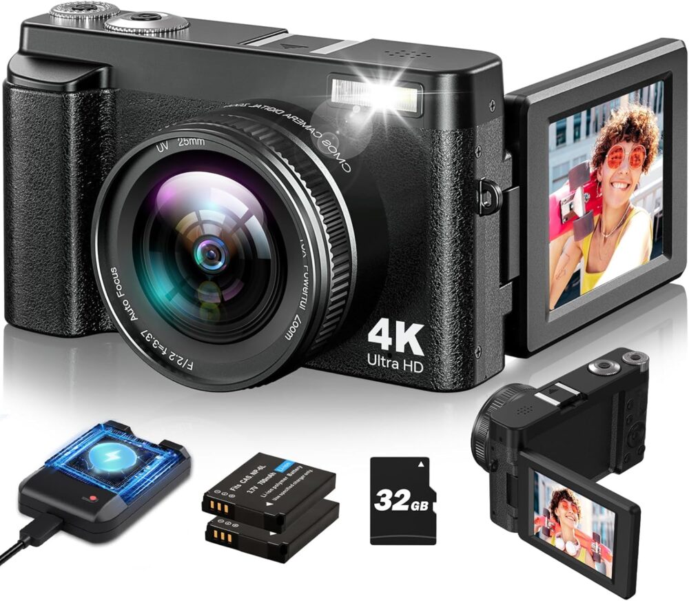 4K Digital Camera for Photography and Video, Autofocus Vlogging Camera with 180° Flip Screen 16X Zoom, 48MP Compact Camera with Flash, 32GB Card, 2 Batteries and Charger - Image 2