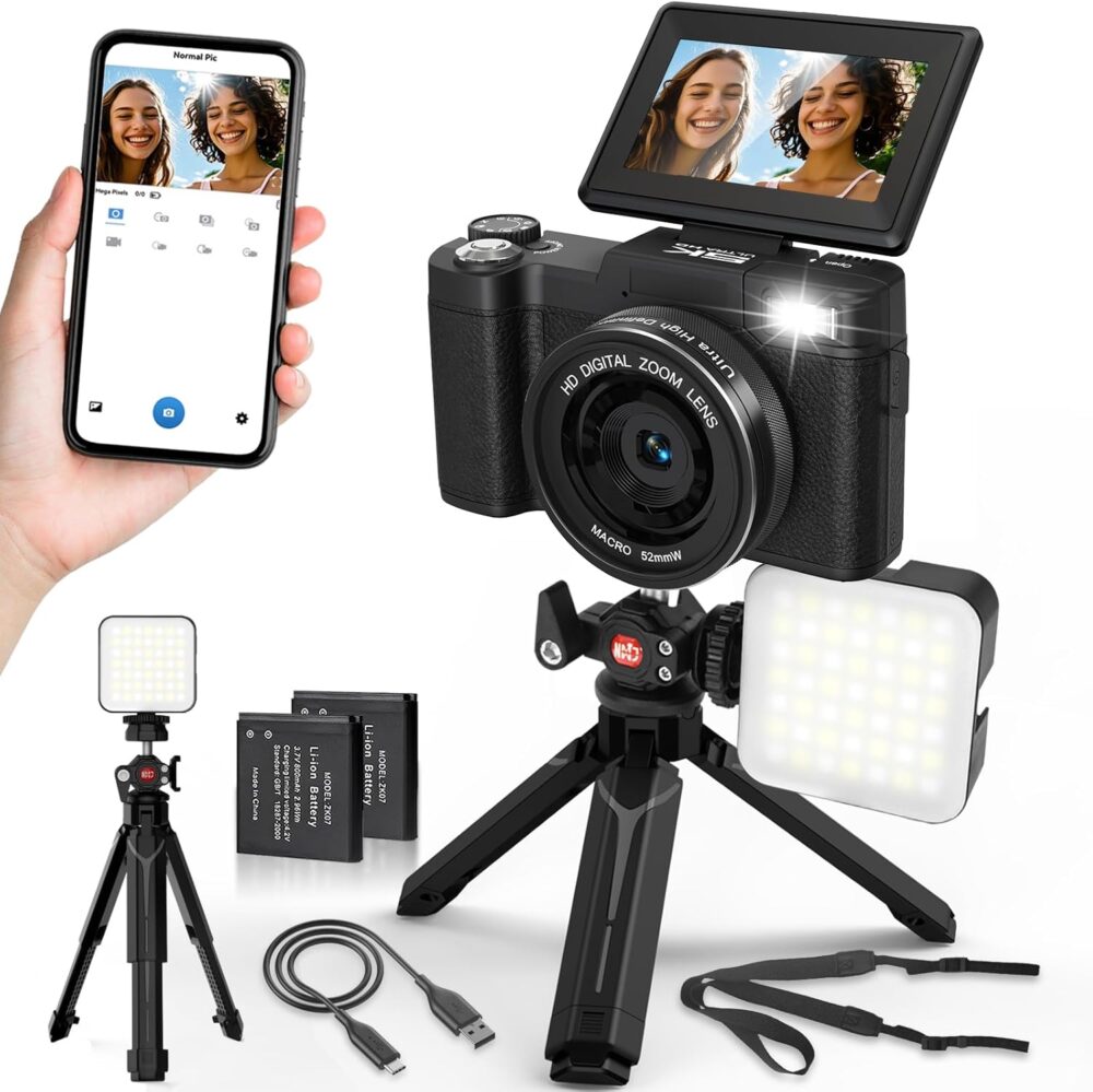 5K Digital Camera for Photography with WiFi 64MP Vlogging Camera with Flip Screen Compact Digital Cameras with Batteries, Selfie Light, Desktop Tripod - Image 2