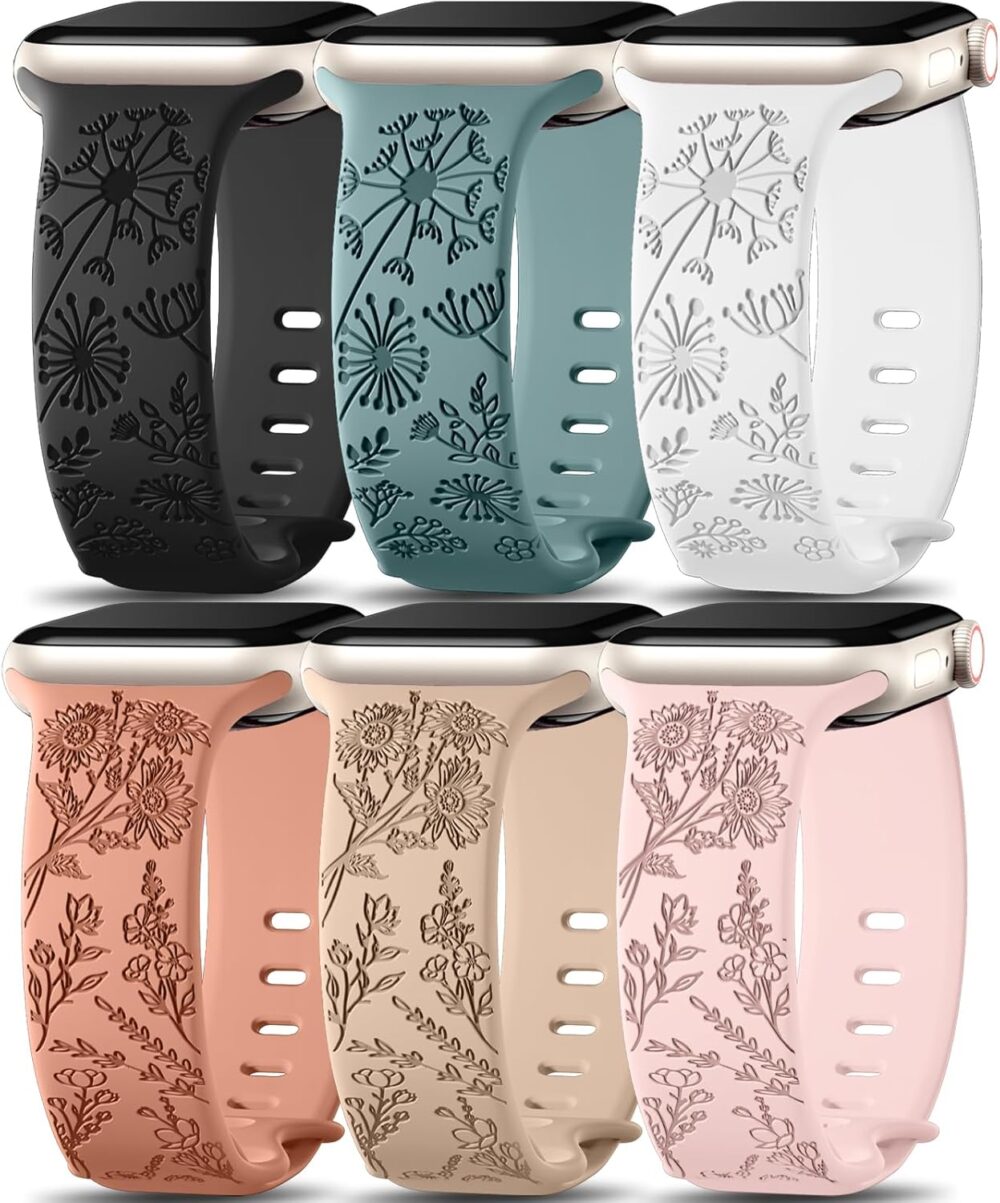 6 Pack Flower Engraved Bands Compatible for Apple Watch Series 9 Band 44mm 42mm 45mm 49mm 41mm 40mm 38mm Women,Soft Silicone Soft Glossy Floral Strap for iWatch Series Ultra 8 7 6 SE/SE2 5 4 3 2 - Image 2