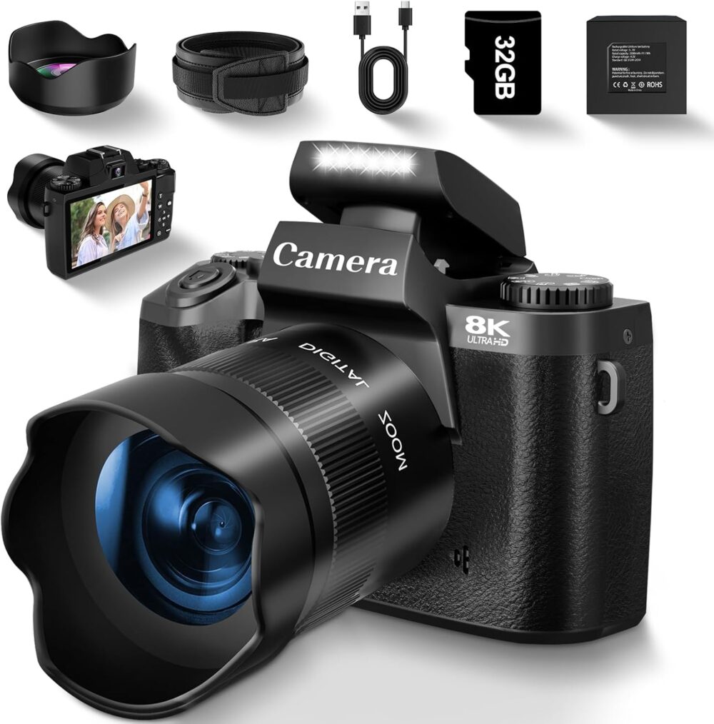8K Digital Camera for Photography, Vlogging Camera for Youtube with Autofocus, WiFi Touchscreen 16X Digital Zoom Video Camera with 3000mAh Battery, Dual-lens, Lens Hood, 32GB TF Card and Flash,Black - Image 2