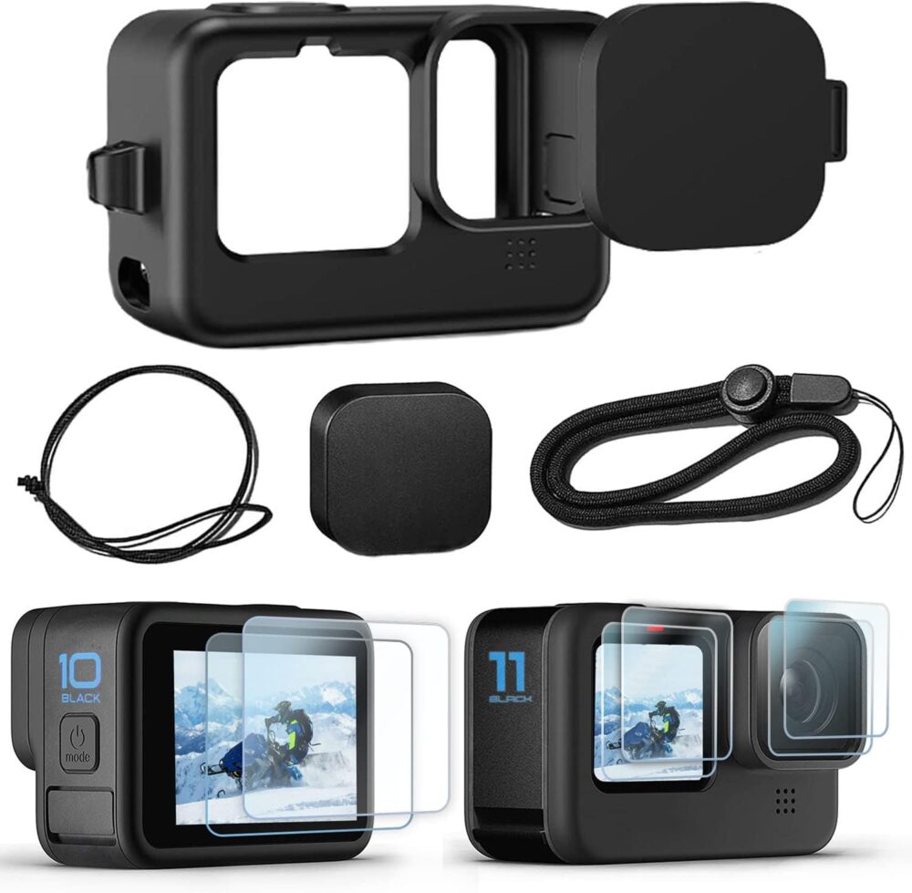 Accessories Kit for Go Pro Hero 12/Hero 11/Hero 10/Hero 9 Black,2-Pack(6pcs) Screen Protector Silicone Sleeve Protective Case with Lens Cover Cap Lanyard for Hero 12/11/10/9 Black Action Camera - Image 2