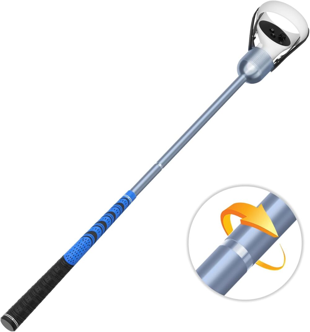 Adjustable Length VR Golf Club Attachment for Oculus Quest 2/ Meta Quest 2, Aluminum Quest 2 Golf Club Handle Accessory with Realistic Rubber Grip& 2 Straps, 1:1 Molded Controller Adapter, Blue - Image 2