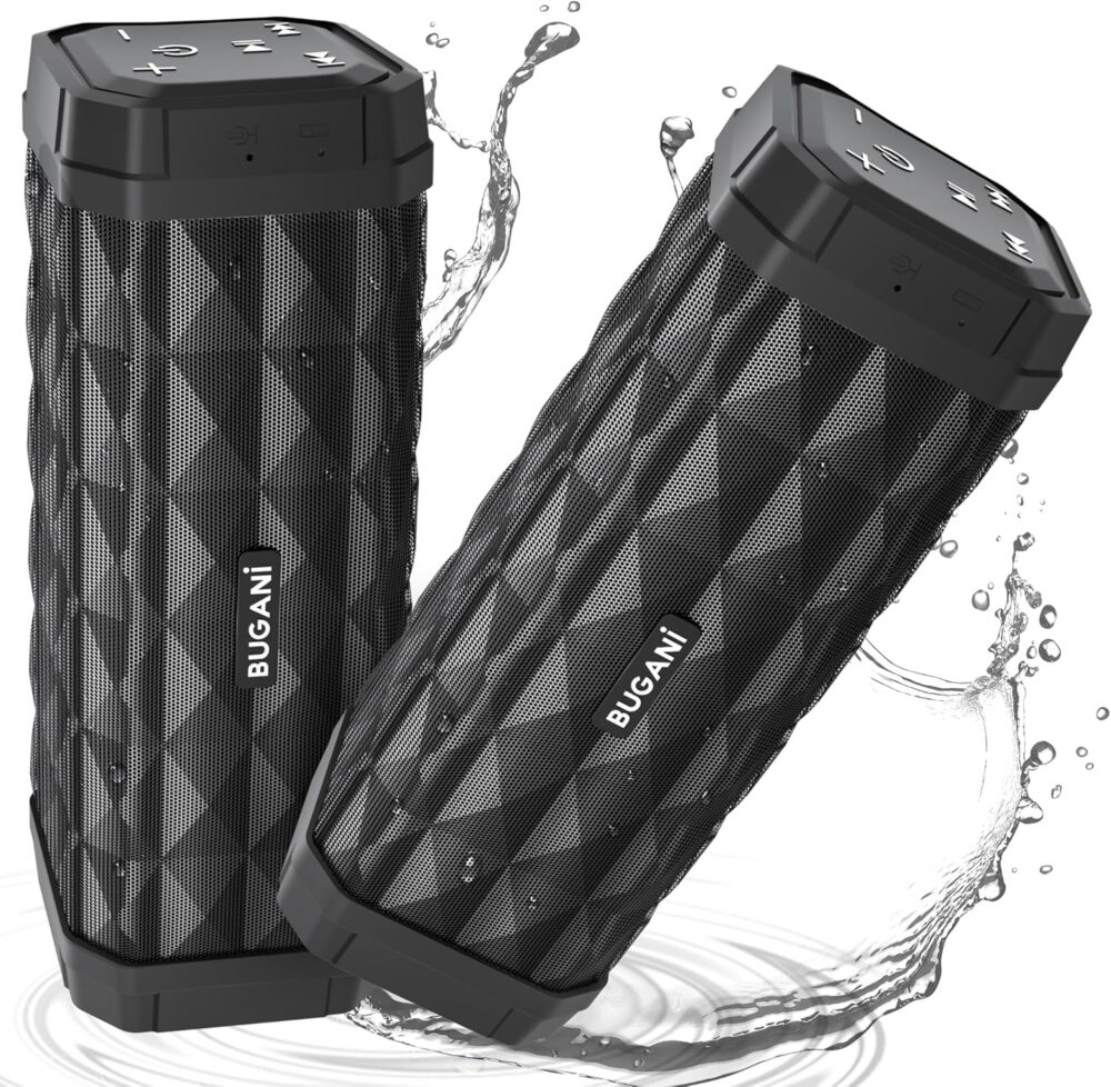BUGANI Bluetooth Speakers, Portable True Wireless Speakers, TWS Pairing with Loud Stereo Sound,IPX5 Waterproof Built-in Mic, 24H Play Type-C,Suitable for Outdoor Speakers at Travel/Party, 2 Packs - Image 2