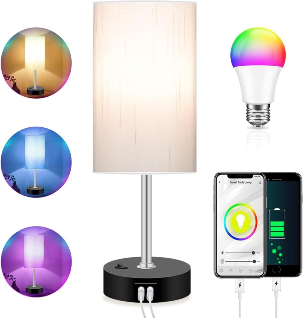 Bedroom Lamp with Smart RGB LED Bulb, Multicolor Changing Table Lamp for Bedroom with 2 USB Port, Dimmable Bedside Lamp Work with Alexa, Smart Nightstand Light for Living Room Sync with Music(2.4GHz) - Image 2