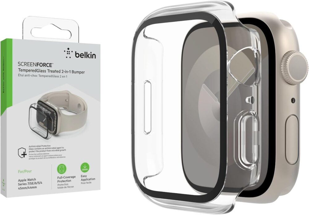 Belkin ScreenForce Apple Watch Case - Bumper Case & Tempered Glass Screen Protector for 44mm & 45mm Apple Watch Series 9, 8, 7, 6, 5, 4, & Apple Watch SE - Apple Watch Accessories - Apple Case – Clear - Image 2