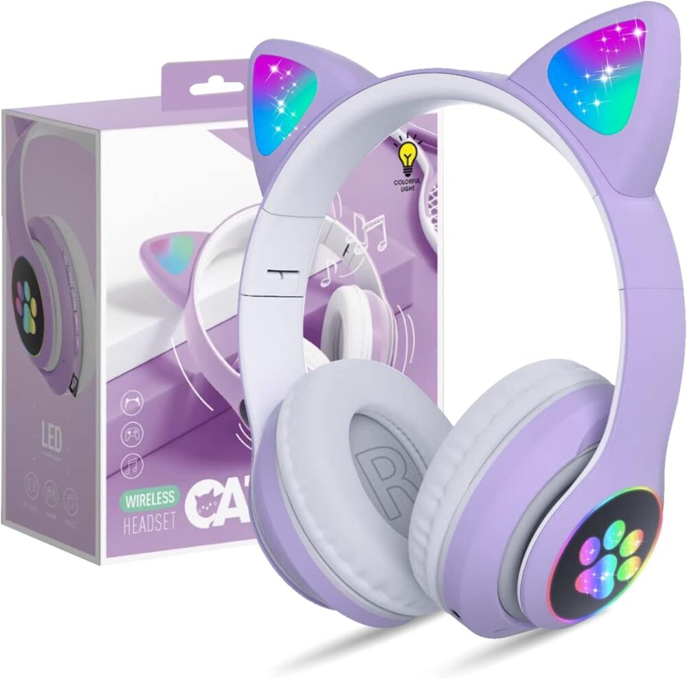 Bluetooth Noise Cancelling Headphones for Kids,Foldable Cat Headphones with LED Light Up Ear,Cat Ear Headphones for Toddler with Microphone/TF Card,Kids Bluetooth Headphones for ipad - Image 2