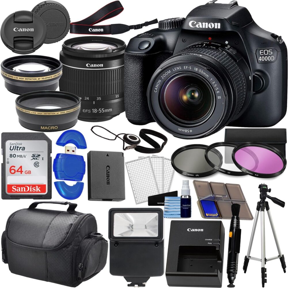 Canon EOS 4000D DSLR (Rebel T100) W/ 18-55mm Zoon Lens Kit |18 Megapixels CMOS | HD Video + Wide Angle Lens + Telephoto Lens, 64GB Memory, 3PC Filter Kit, Case, Tripod + More (31PC Bundle), Black - Image 2