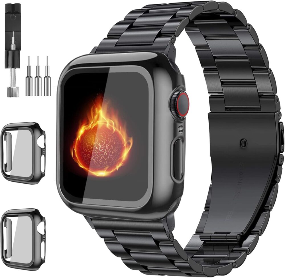 Compatible with Apple Watch Band 49mm 46mm 44mm 45mm 42mm 40mm 38mm 41mm, Stainless Steel iWatch Bands with 2 Pack Tempered Glass Screen Case for Series 10/9 Ultra 2 8/7/6/5/4/3/2/1/SE for Men - Image 2