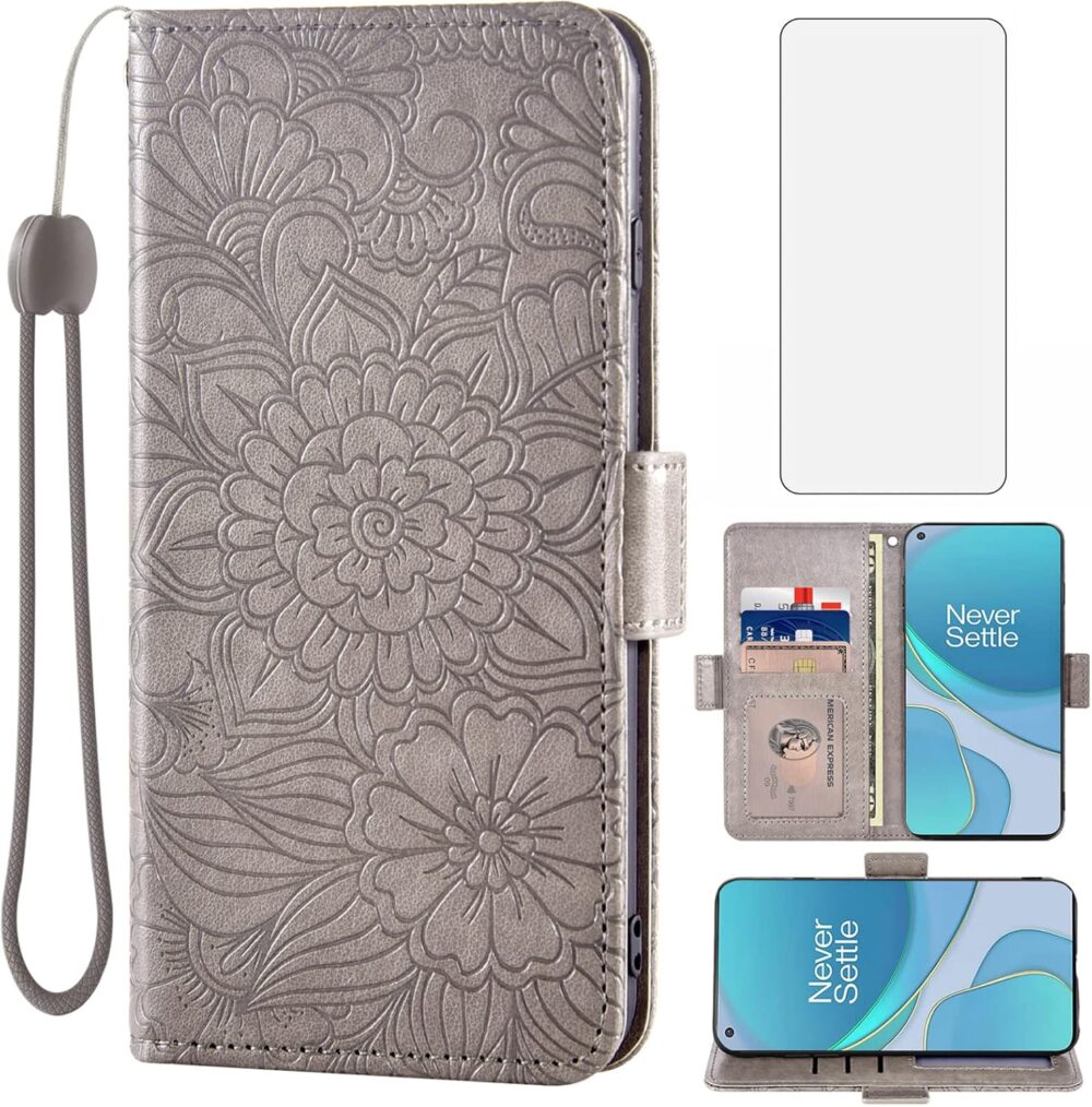 Compatible with OnePlus 8T OnePlus8T Plus 9R 5G Wallet Case Tempered Glass Screen Protector Card Holder Stand Phone Cover for One Plus8T5G On + 1 Plus 8Tplus 1plus 8T+ One+ T8 1+ 1+8T Pro G5 Grey - Image 2
