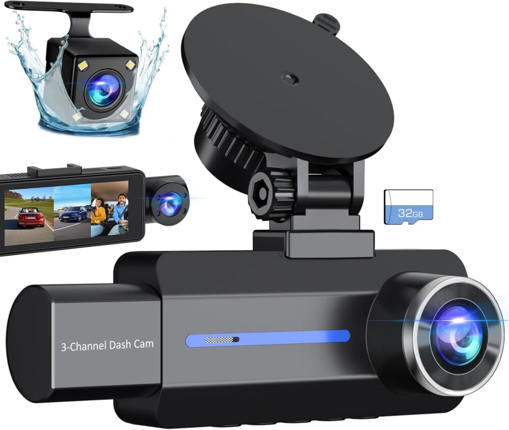 Dash Cam Front and Rear, 2.5K+1440P Triple Car Camera with 32GB Card, 3 Channel Dash Camera for Cars, G-Sensor, 3.16” IPS Screen, 24Hr Parking, 170°Wide Angle, Loop Recording, IR Night Vision, Blue - Image 2
