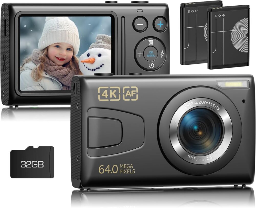 Digital Camera 4K 64MP Vlogging Camera Autofocus Point and Shoot Digital Cameras for Photography Camera for Kid Student Children Teen Girl Boy, 18X, 2 Batteries, 32GB Card - Image 2