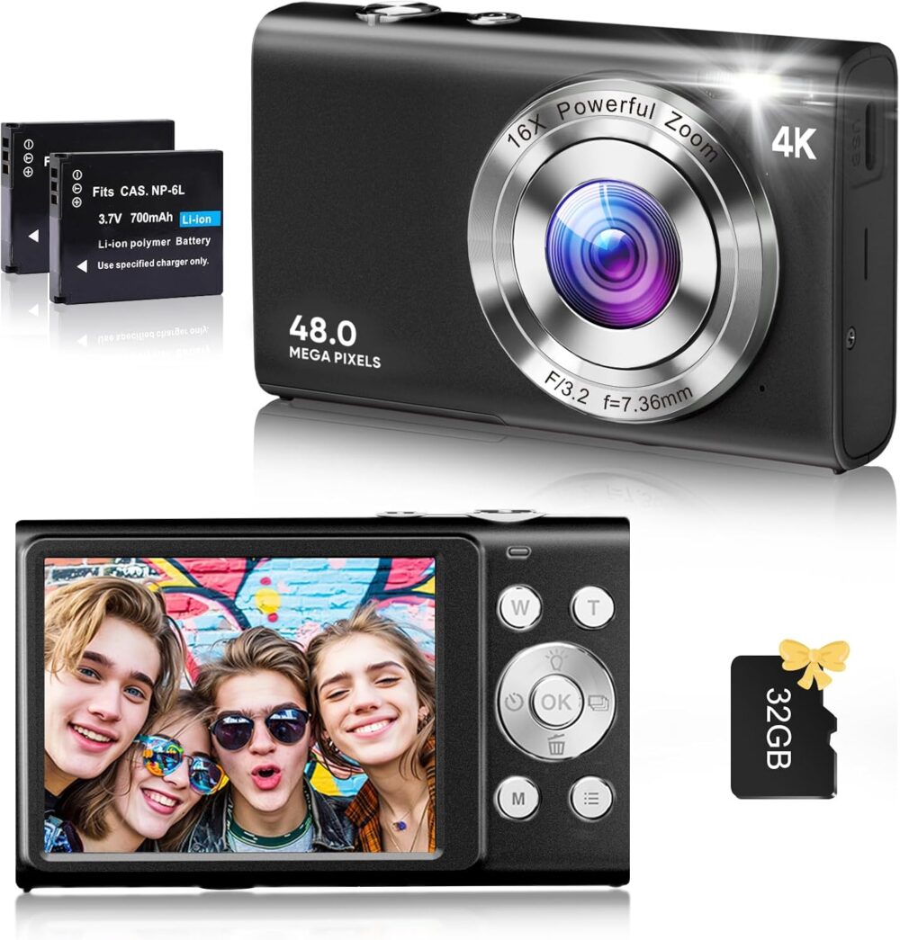 Digital Camera, 4K Vlogging Camera for YouTube Autofocus 48MP UHD Cameras for Photography with Anti-Shake, 16X Digital Zoom Point and Shoot Digital Camera with 32GB Card for Teens Adult Beginner-Black - Image 2
