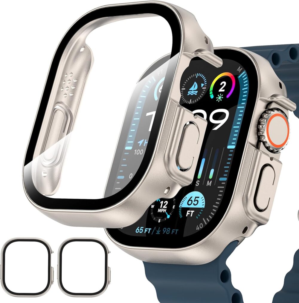 EWUONU 2 Pack Hard Case for Apple Watch Ultra 2/1 49mm, Tempered Glass Bumper Anti-Scratch HD Ultra-Thin Protective Face Cover, Titanium - Image 2