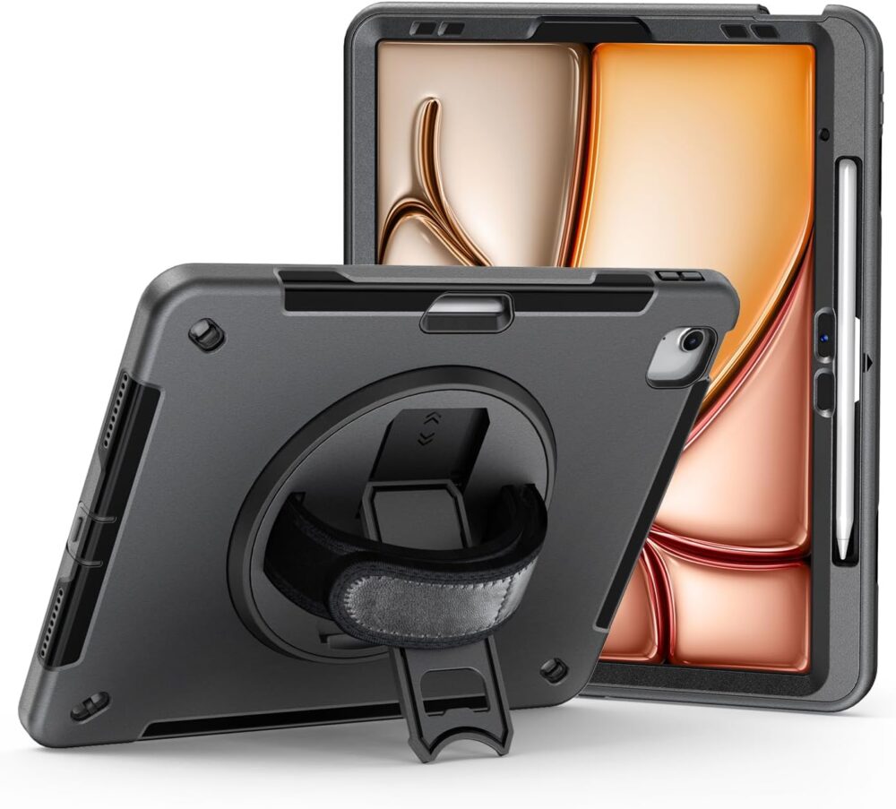 FIT Rugged Kickstand/Handstrap Case Compatible with Apple iPad Air 13 Inch (2025 & 2024) / Pro 12.9 Inch (2022-2018) (Rotating Hand Strap, Apple Pencil Holder), Black - Image 2