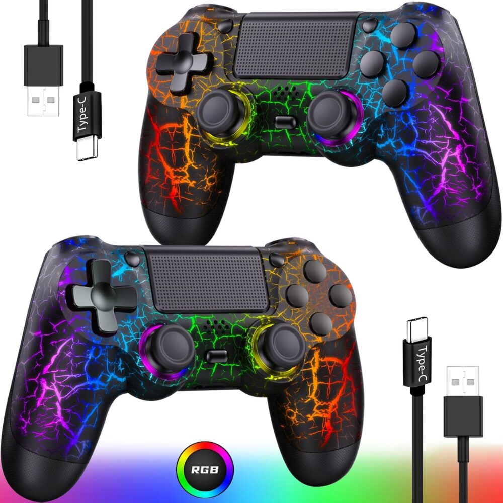 GamingBoy Light-up Wireless Controller for PS4/PC, 2 Pack Black Crack Design Remote Control for Ps4 with RGB Light,Hall Effect Joystick,1000mAh Battery,Vibration,6-Axis Sensor,Audio Jack,Type-C Port - Image 2