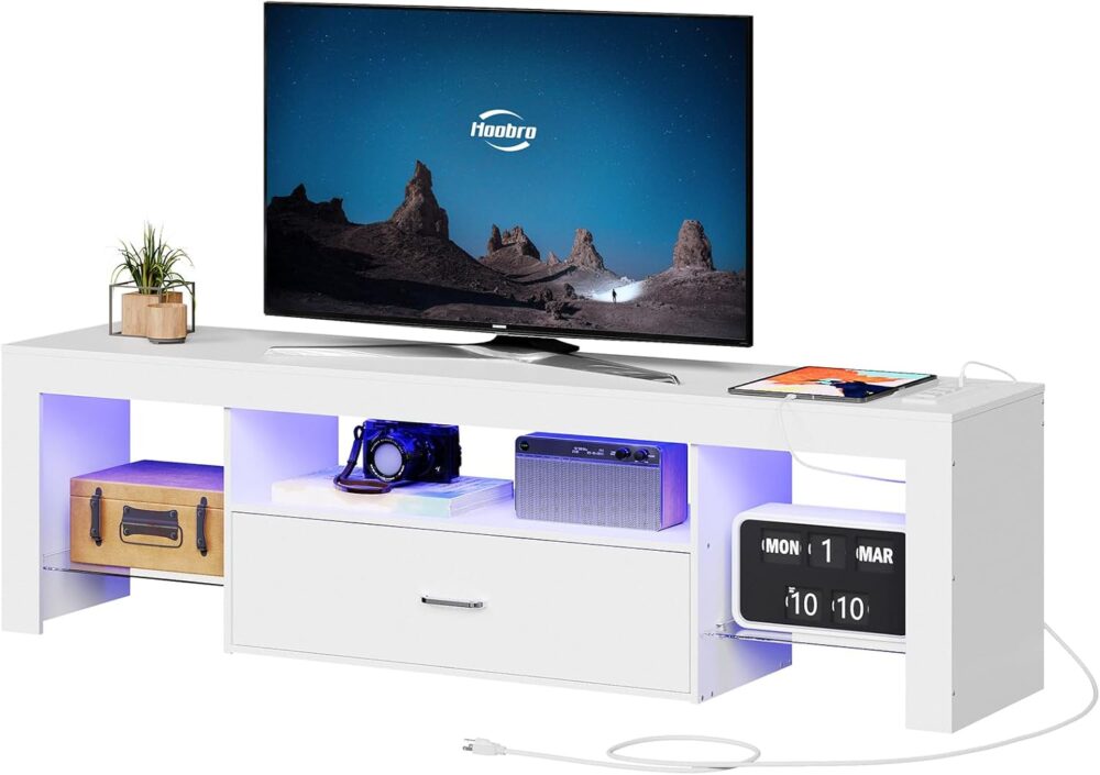HOOBRO LED TV Stand with Power Outlets to 65 inch TV, Gaming Entertainment Center with Glass Shelves and Large Drawer, Modern Media TV Console Table for Living Room Bedroom, White WT14UDDS01 - Image 2