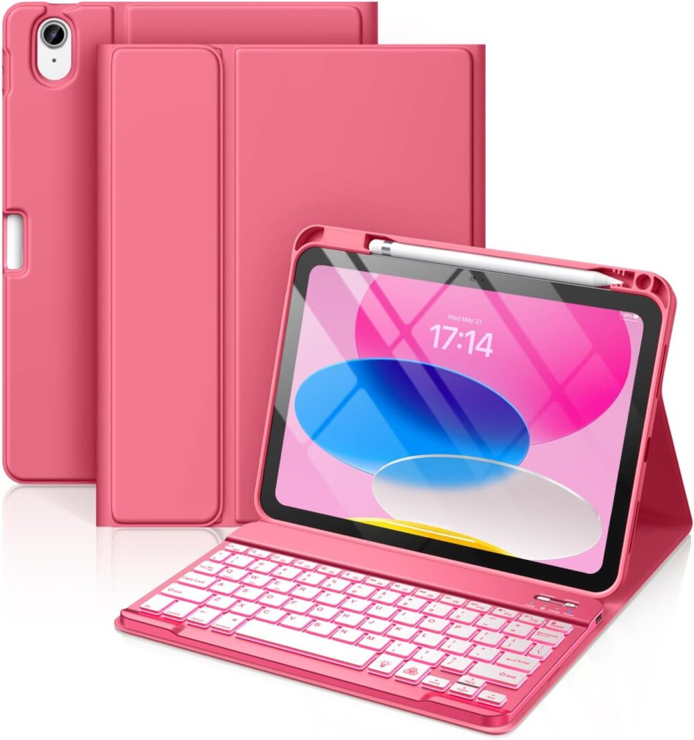 Hamile for iPad 11th 10th Generation Case with Keyboard - 7 Colors Backlit Wireless Detachable Folio Keyboard Cover with Pencil Holder for iPad 11-inch A16 2025 10th Gen 10.9 Inch 2022 (Pink) - Image 2