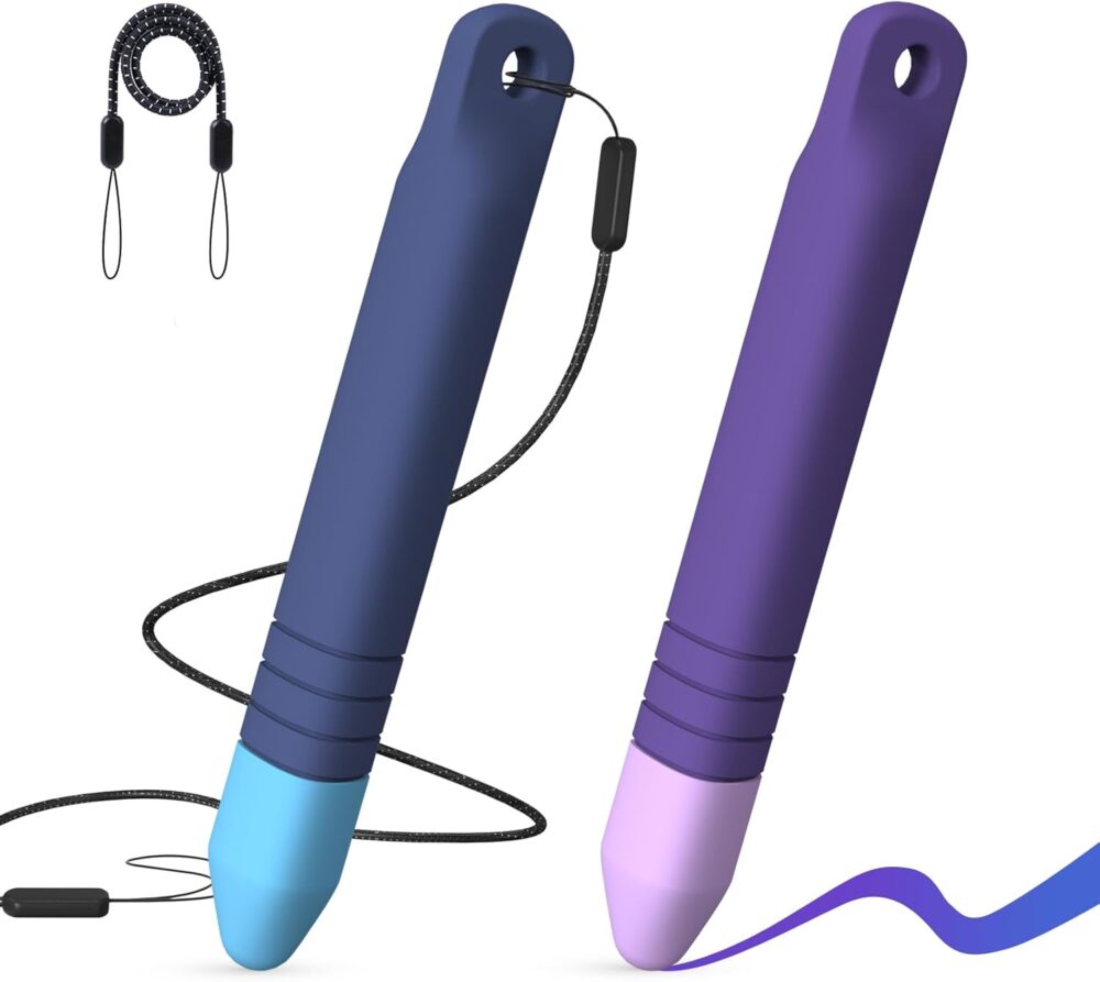 Kid-Friendly Stylus Pens for Touch Screens with Tethers - Mixoo Anti-Rolling Tablet Stylus 2 Pack for Kids, Compatible with iPad, iPhone, Tablets, Kindle and All Touch Screen Devices (Blue+Purple) - Image 2