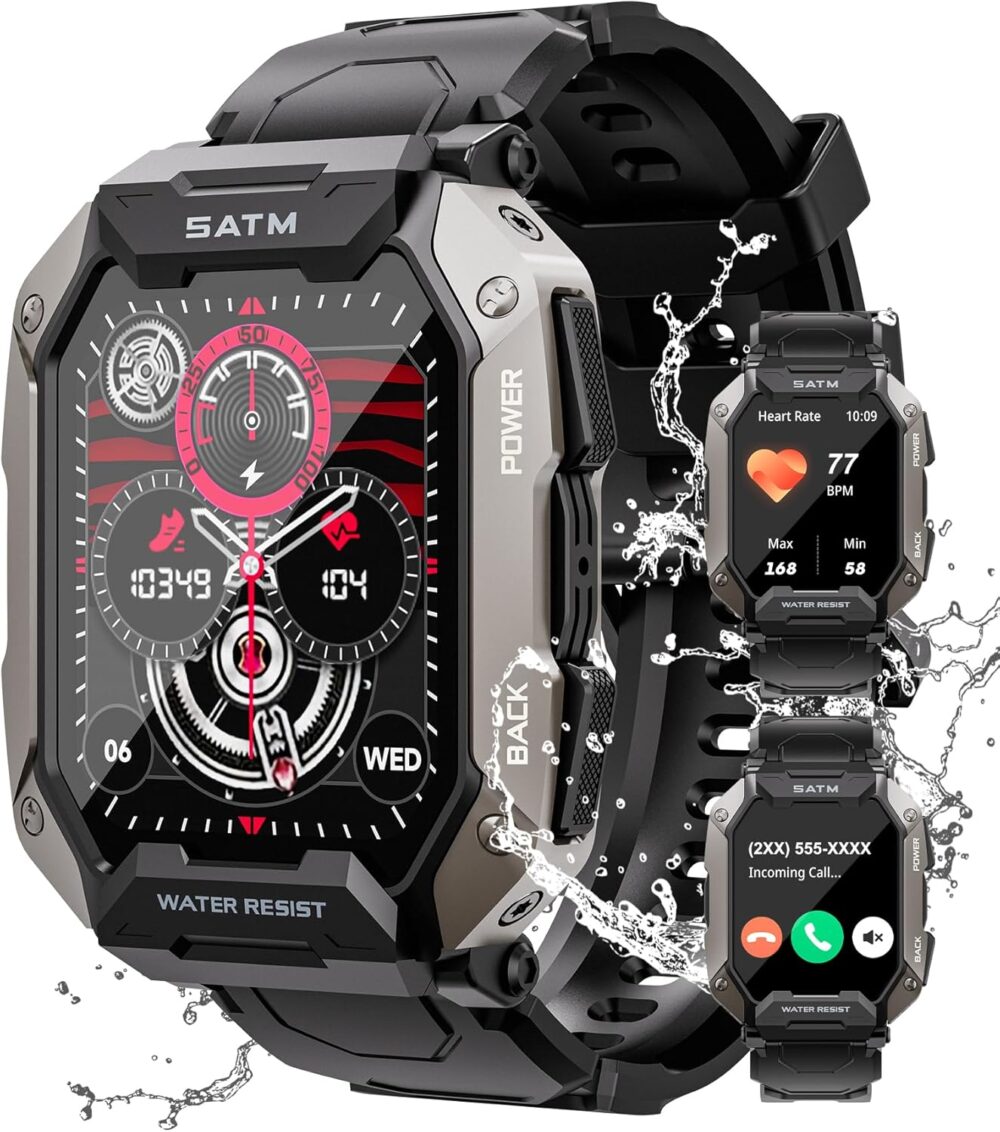 Military Smart Watches for Men, 2.01'' HD Display with Bluetooth Calls 100+ Sport Modes, IP68 Waterproof for Swimming Fitness Smart Watch for Android and iPhone Smartwatch, Black - Image 2