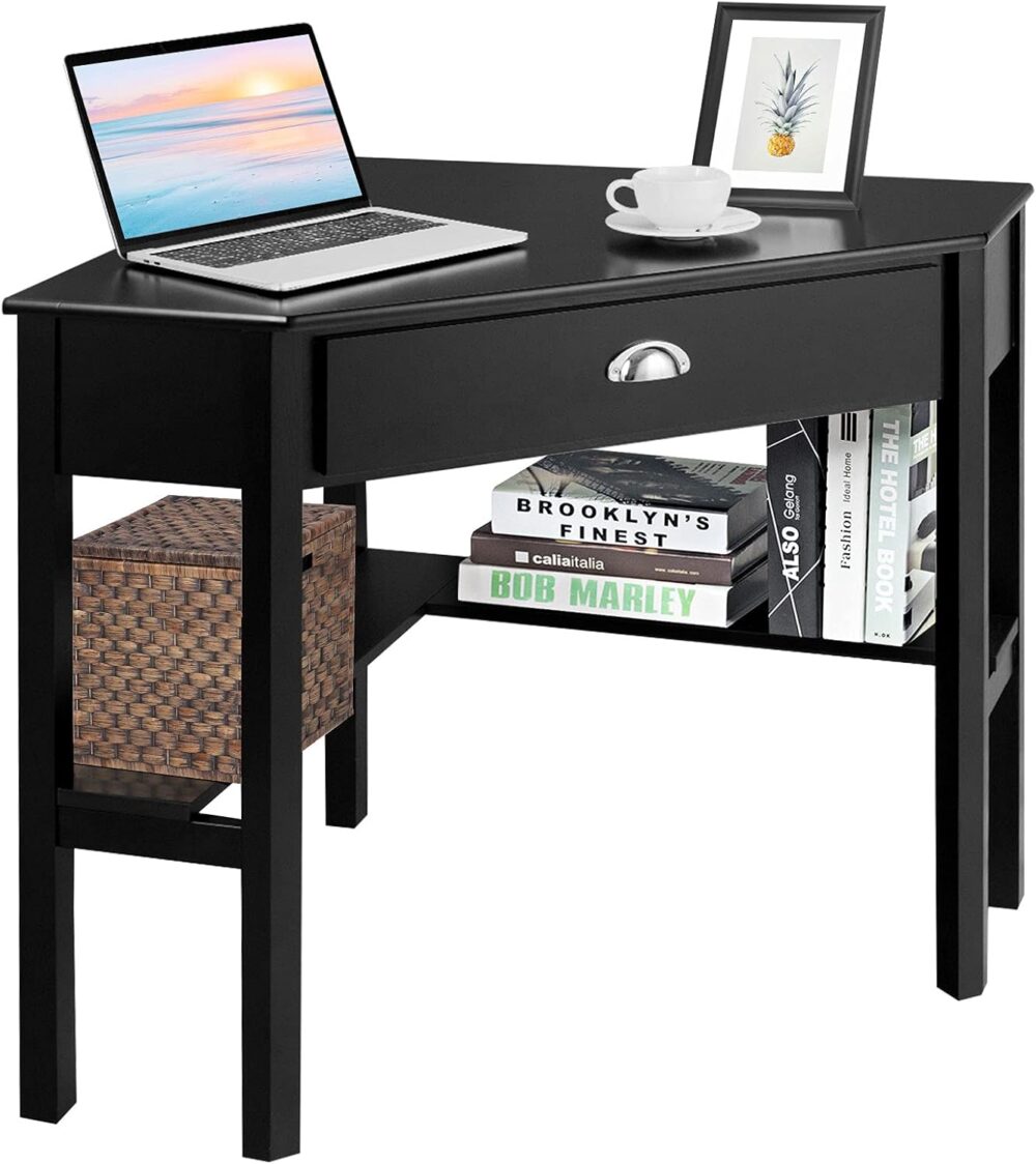 Nightcore Corner Desk for Small Space, Wood Corner Computer Desk, Compact Writing Table w/Drawer & Storage Shelves, Space Saving Study Workstation, Laptop PC Corner Table for Home Office - Image 2