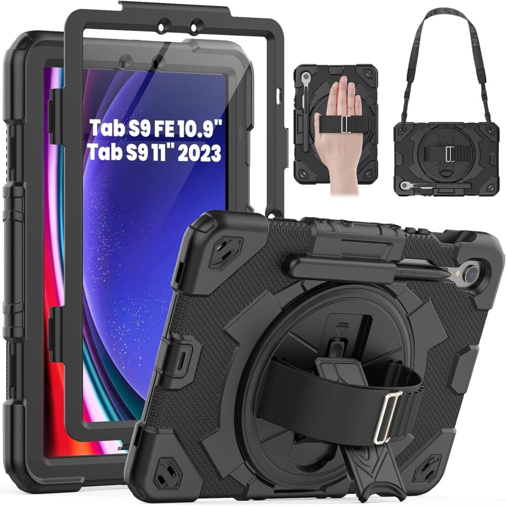SEYMAC Case for Samsung Galaxy Tab S10 FE/ S9 FE 5G 10.9"/ S9 5G 11", Shockproof Heavy Duty Protective Case with Screen Protector, Rotating Stand, Hand/Shoulder Strap and Pen Holder, Black - Image 2
