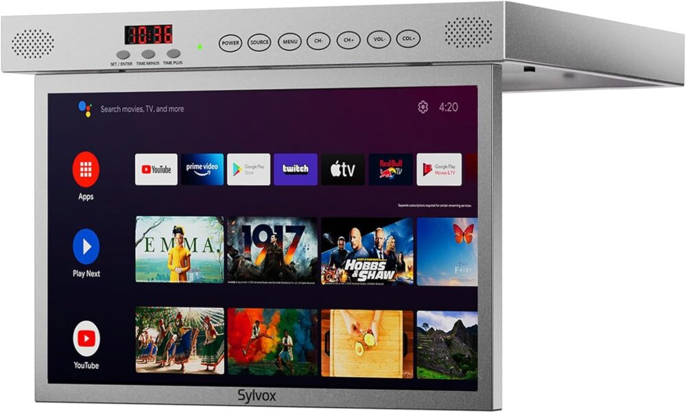 SYLVOX 15.6" Flip Down Smart TV Under Cabinet Kitchen TV Android 11.0 Supports 360 Degree Rotation WiFi & Wireless Connection, Storage Design for Kitchen Bedroom RV Yacht (Silver),Black - Image 2