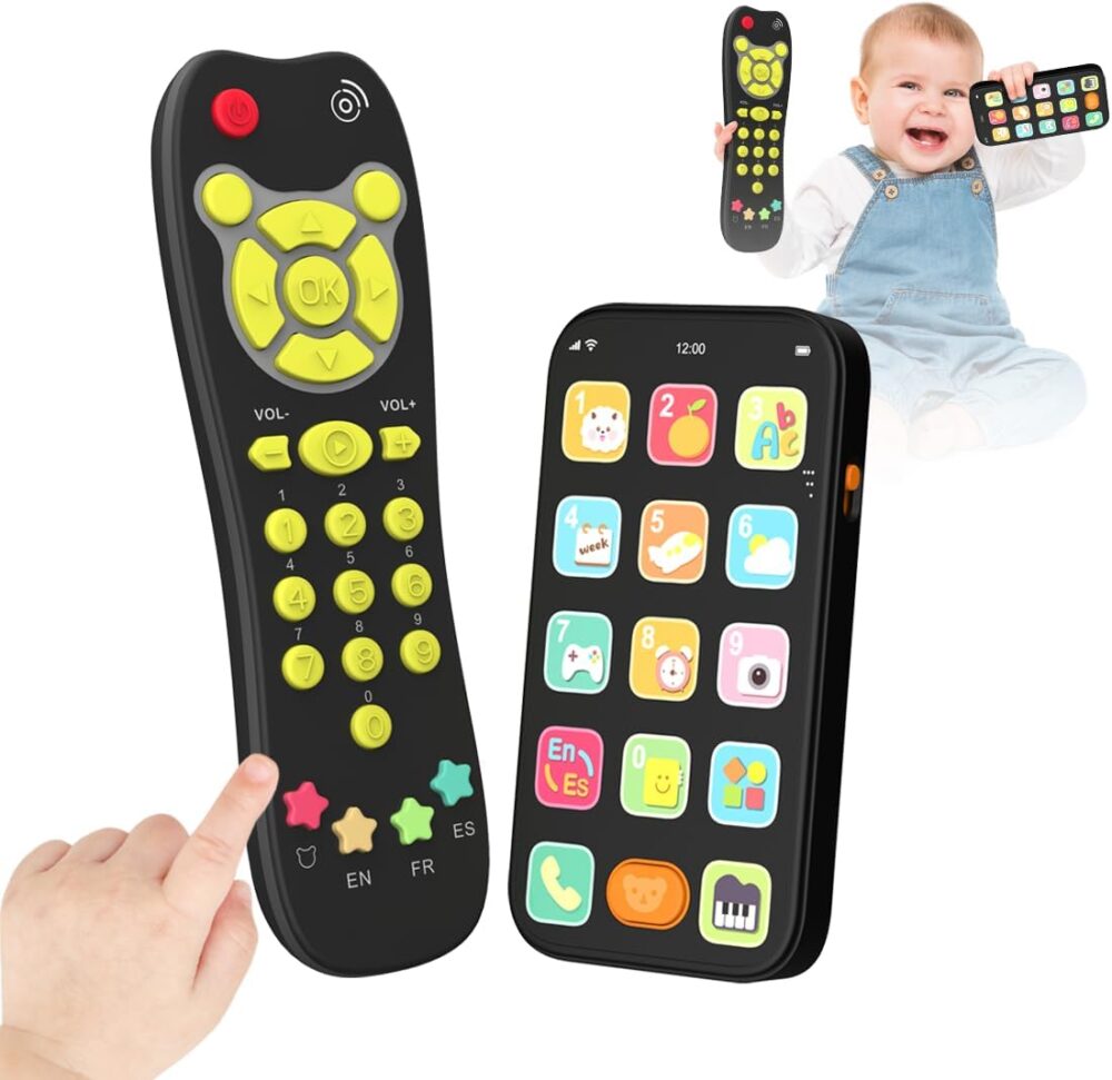 Toy Phone Baby Remote Control Toy Set, Play Phones TV Remote Control with Music Light for 6+ Months, Early Learning Baby Toys Gift for 1 Year Old Boys Girls Kids Toddler Infant, English/Spanish, Black - Image 2