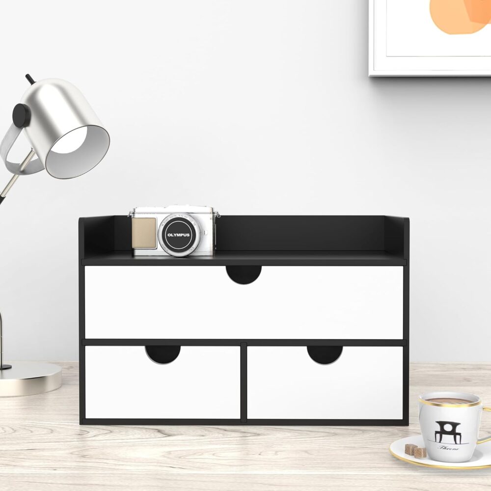 Wisuce Desk Organizer with Drawers - Bamboo Desktop Organizer Storage | Black-White Wood Desk Makeup Dresser Top Organizer for Cosmetics No Assembly Required - Image 2