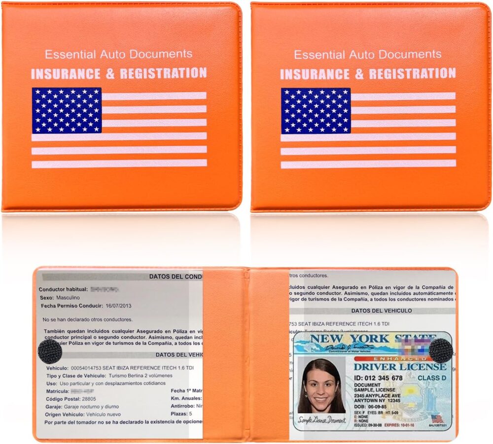 Ziciner Car Registration Insurance Holder, 2Pack Essential Auto PVC Card Document Glove Box Organizer with Velcro Closure, Universal Car Accessories for Men & Women (Orange/Blue Flag) - Image 2