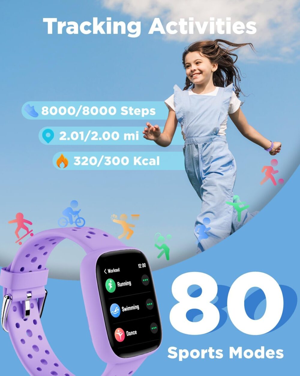 BIGGERFIVE Smart Watch for Kids No APP No Phone Needed, 1.8" Fitness Tracker Watch Pedometer, Heart Rate, Sleep Monitor, IP68 Waterproof, Step Counter, Puzzle Games for Girls Teens 5-16, Lilac - Image 4