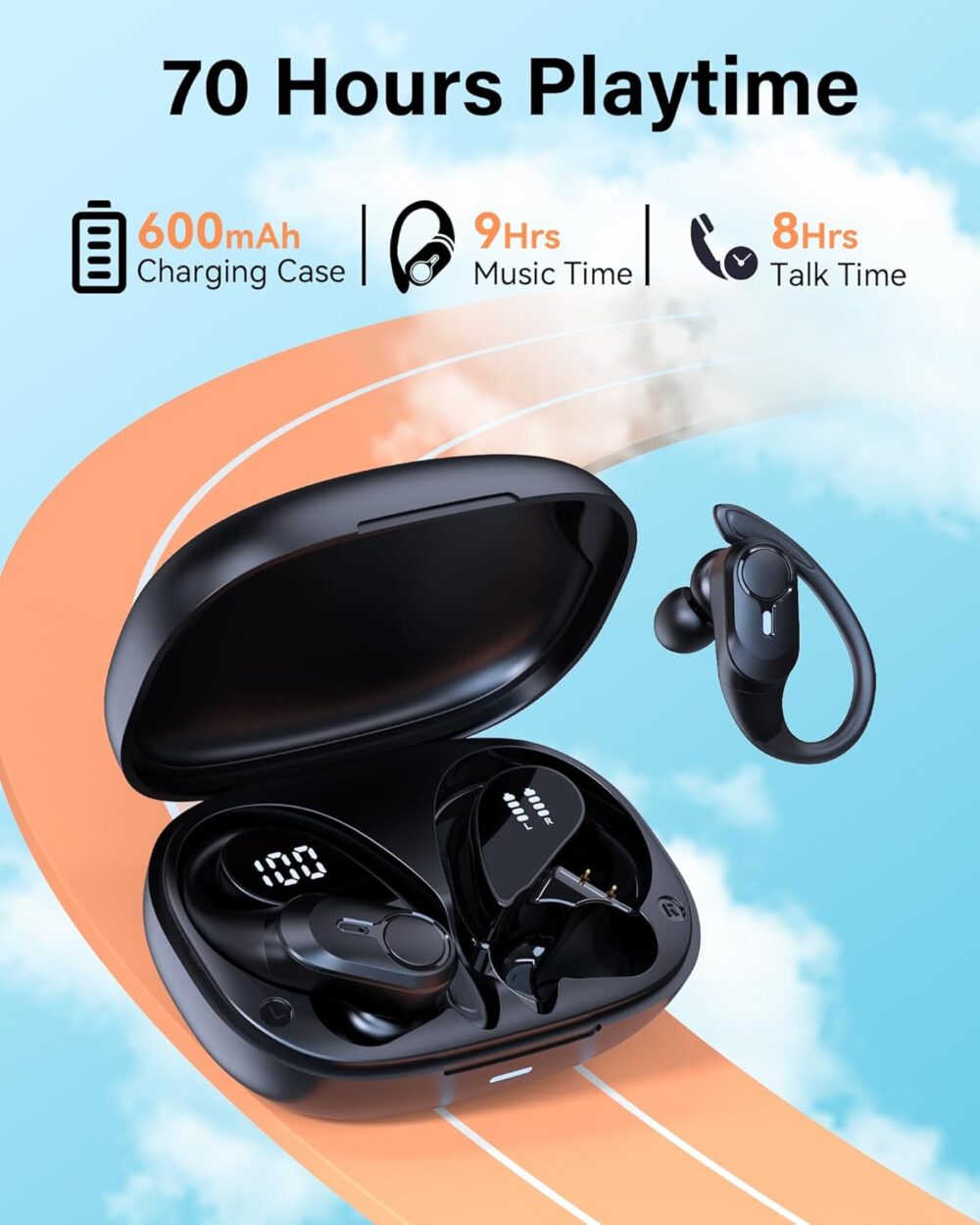 Wireless Earbuds Bluetooth Headphones Ear Buds 70H Playback Digital Display Wireless Charging Case Deep Bass Earphones Over Ear Sport Waterproof Bluetooth Headset for Workout Running Black - Image 3