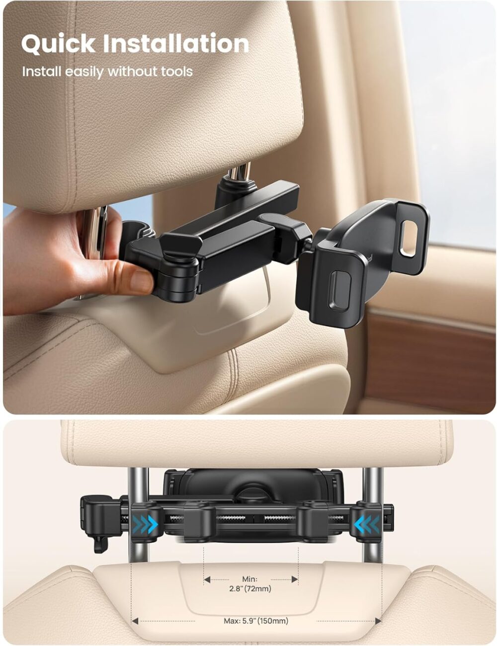 Lamicall Car Headrest Tablet Holder - [3 in 1 Extension Arm] Adjustable Tablet Car Mount for Back Seat, Road Trip Essentials for Kids, for 4.7-11" Device Like iPad Pro, Air, Mini, Galaxy, Fire, Black - Image 7