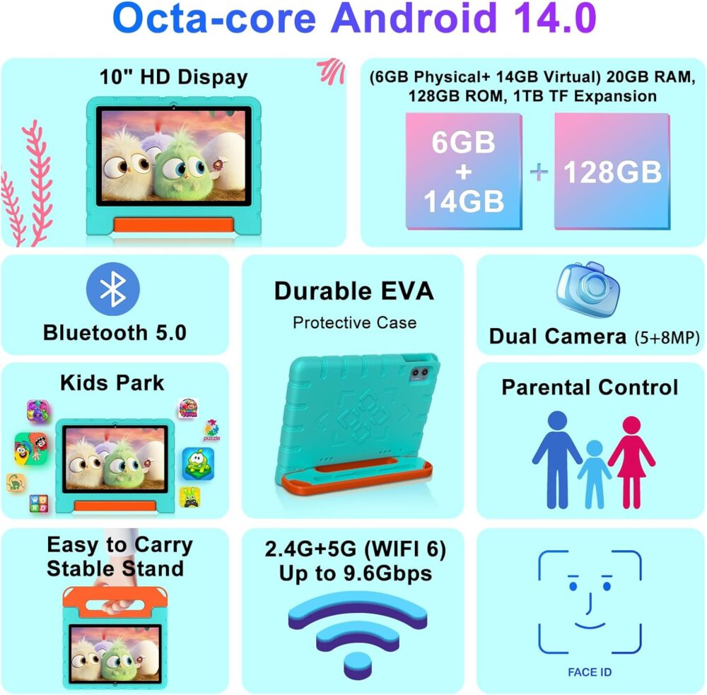 2025 Kids Tablet 10 inch Android 14 Tablets for Kid Octa-Core, 20GB+128GB (TF 1TB), Toddler Tablet with Shockproof Case, 2.4G+5G WiFi 6, Parental Control, Face Unlocked, Split Screen, BT5.0 (Green) - Image 3