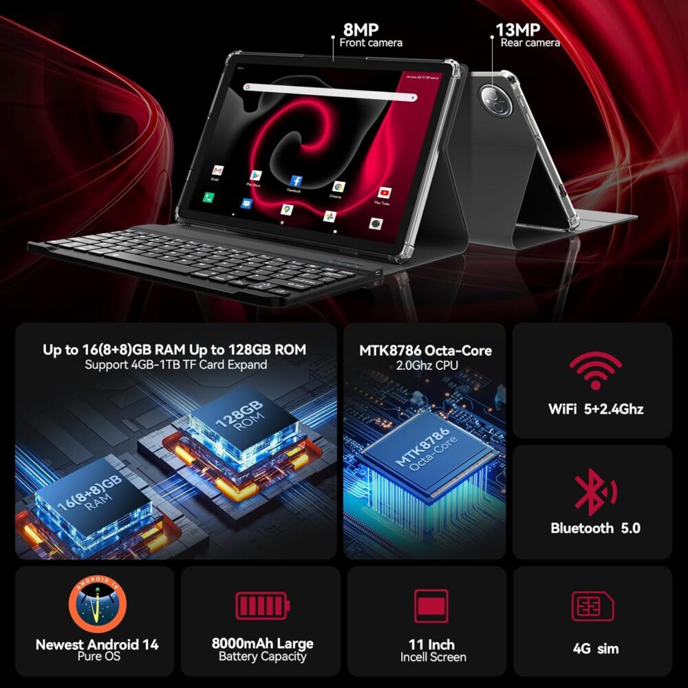 2025 Latest 11 inch Tablet, Android 14 Tablets with 16GB RAM 128GB ROM 1TB Expand, Dual 4G Tablet with Keyboard for T-Mobile, 8000mAh Battery, Octa-Core Tableta with 21 MP Camera, 11" Incell Screen - Image 3